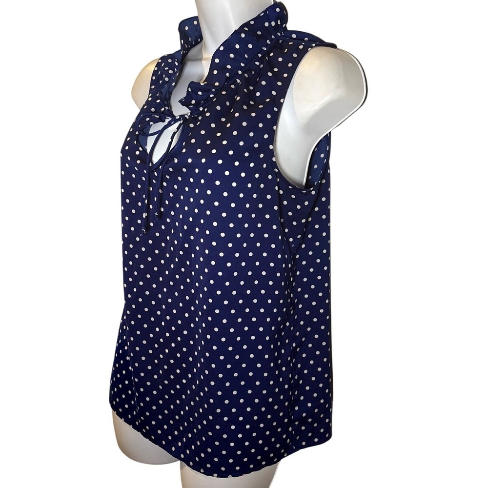 J Crew Blue Polka Dot Ruffle Tie Neck Sleeveless Top - Picture 2 of 6
